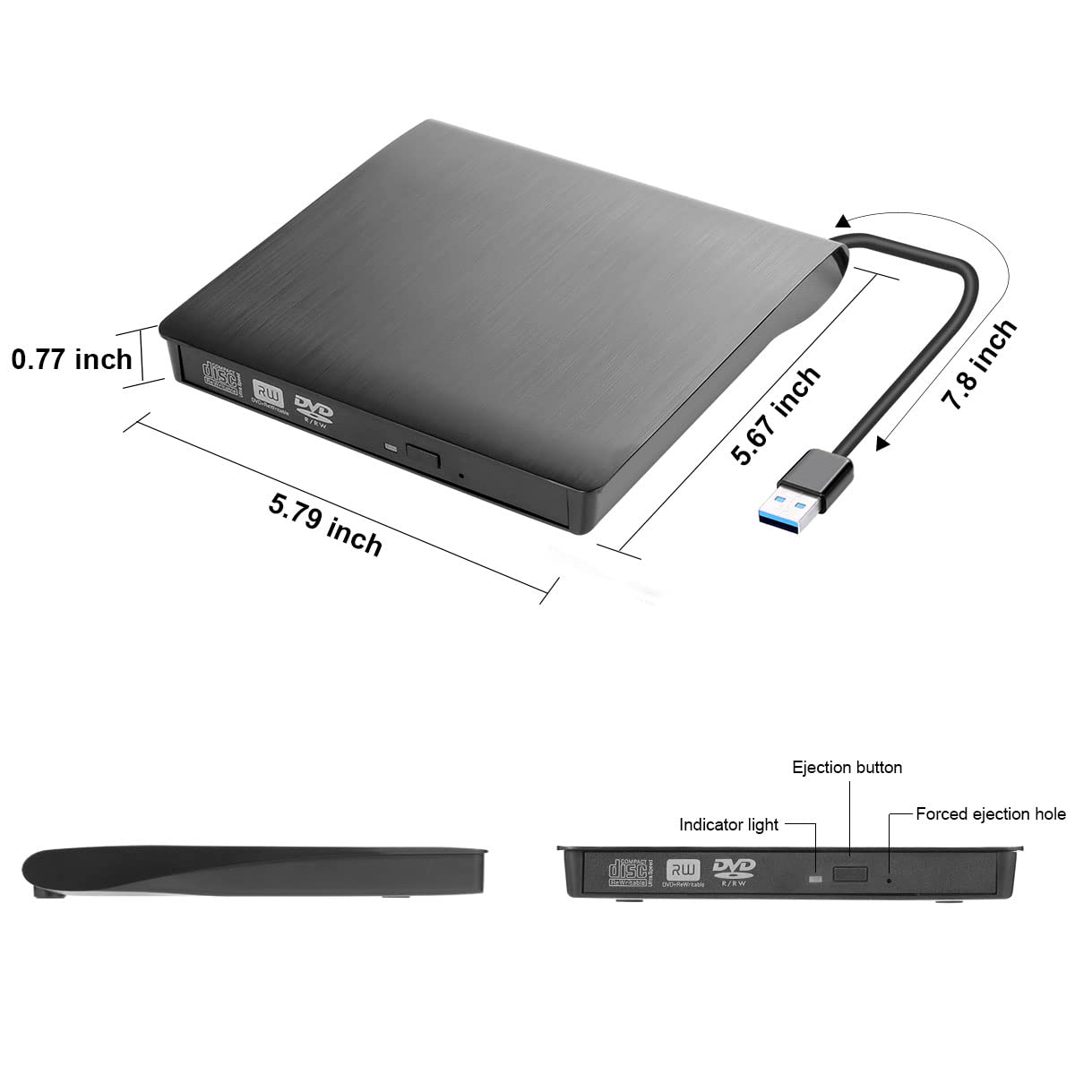 Intendvision External Cd Dvd Drive Usb 3.0 Portable Fits For Dvd R Dvd Rw Dvd+R Dvd+Rw Dvd Rom, Dvd Player, Cd Burner Black For