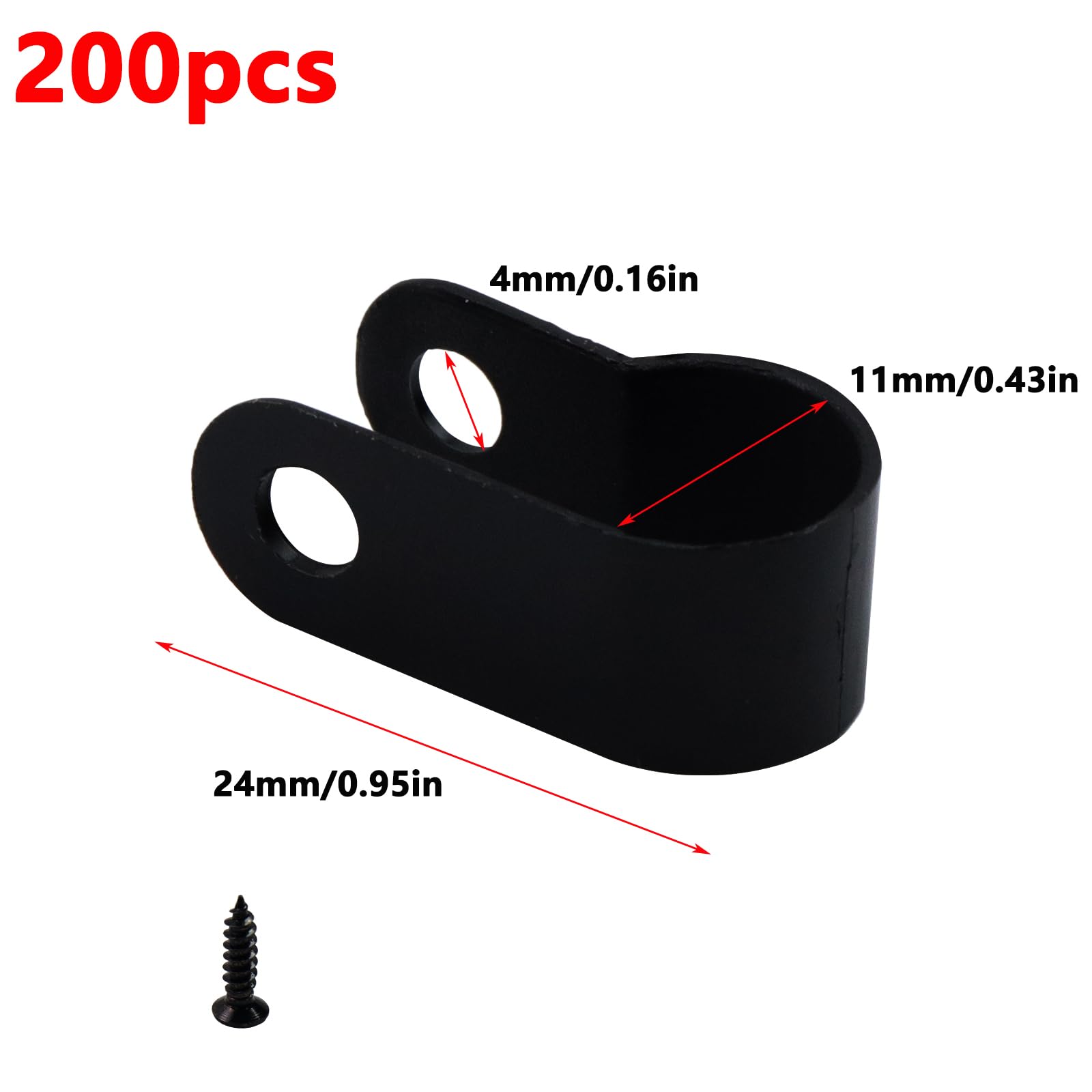 Antrader Nylon Plastic R-Type Black Cable Clamps,200Pcs Nylon Screw Mounting Cord Fastener Clips With 200Pcs Screws For 3/8 Inch