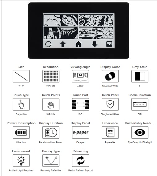 Waveshare 2.13Inch Touch E Paper Display For Raspberry Pi Zero 2 W/Raspberry Pi Zero/Pi Zero W/Pi Zero Wh, 250X122 Pixels E Ink