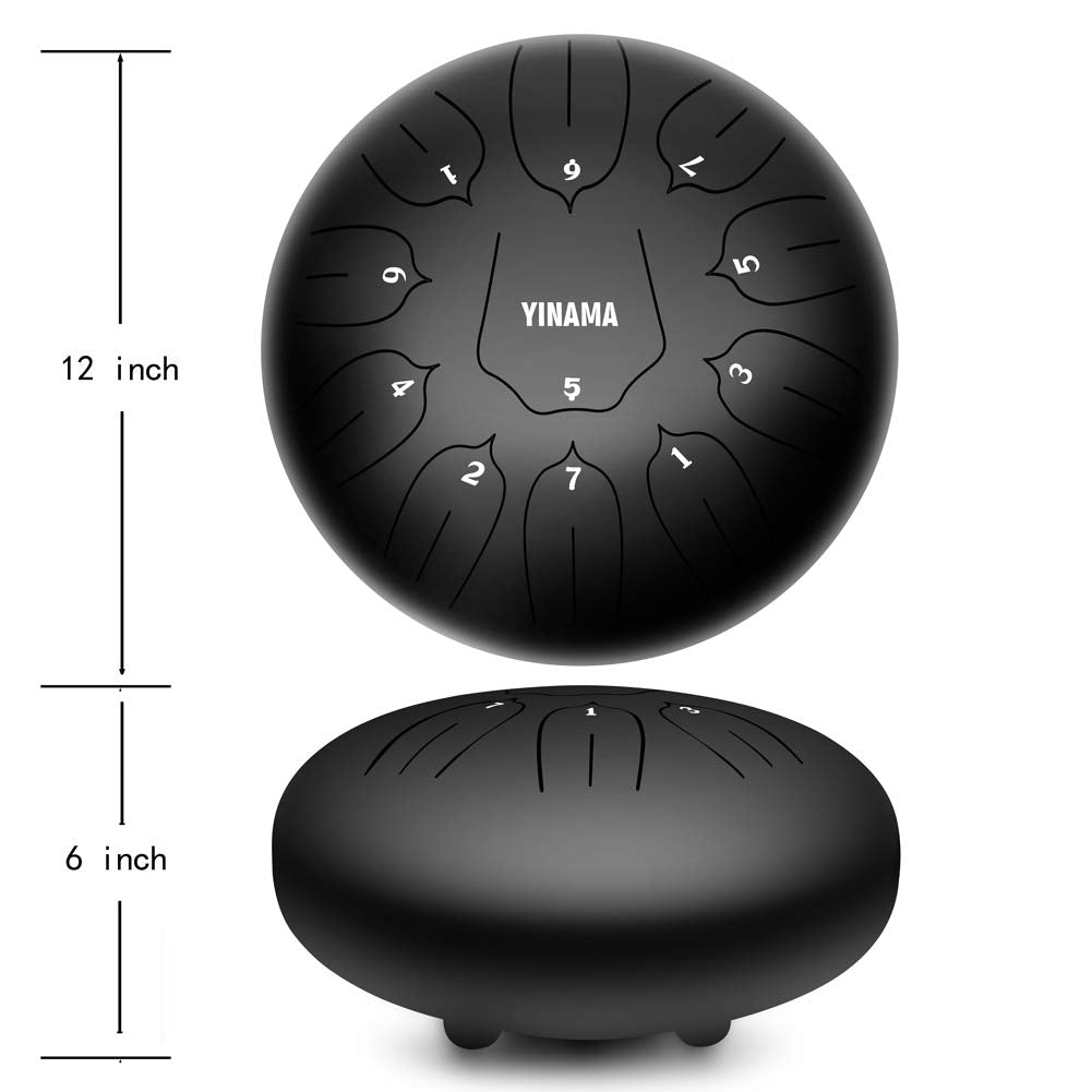 Yinama Steel Tongue Drum Percussion Instrument 11 Notes 12 Inches Black