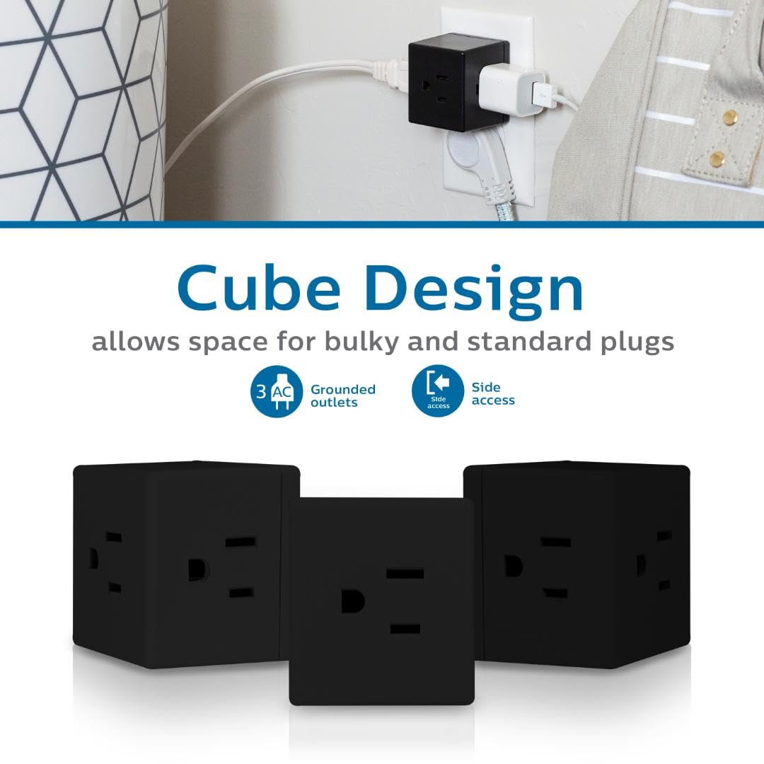 Philips 3 Outlet Extender, Extra Wide Adapter Spaced, Easy Access Design, 3 Prong, Perfect For Travel, Cube, 2 Pack, Black, Sps3