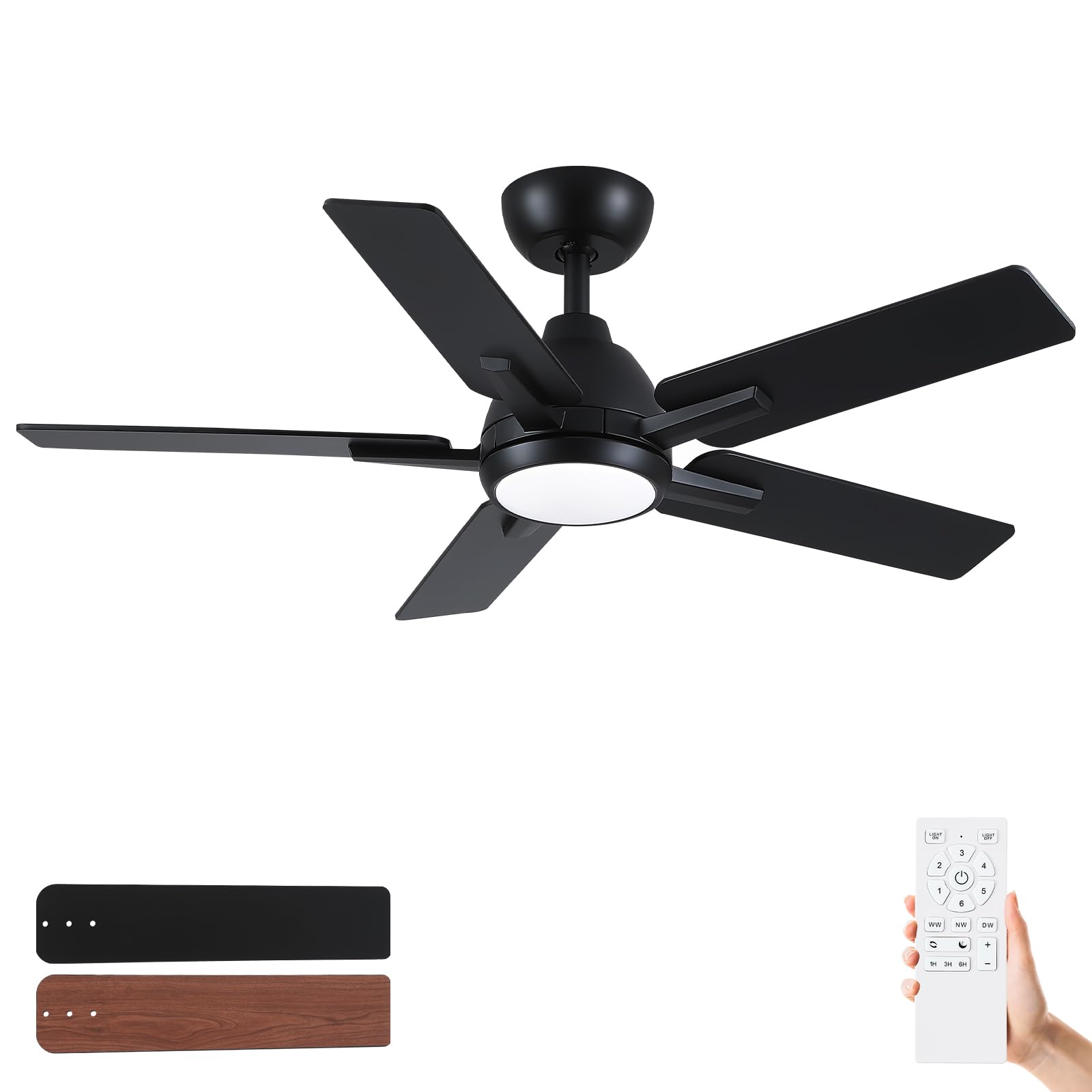 42 Inch Ceiling Fans With Lights And Remote,Black Ceiling Fan With 5 Dual Sided Blades,Downrod,Quiet 6 Speed Reversible Dc Motor