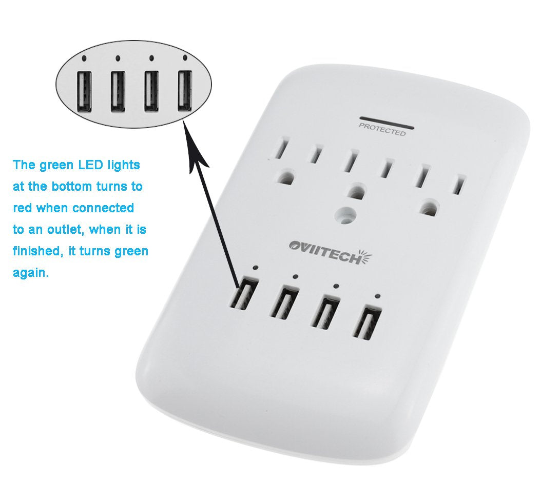 Oviitech Multi Outlet Wall Mount Adapter Surge Protector With 4 (4.2 Amp) Usb Charging Ports,3 Outlet Extender Socket Plugs,White,Etl Certified.
