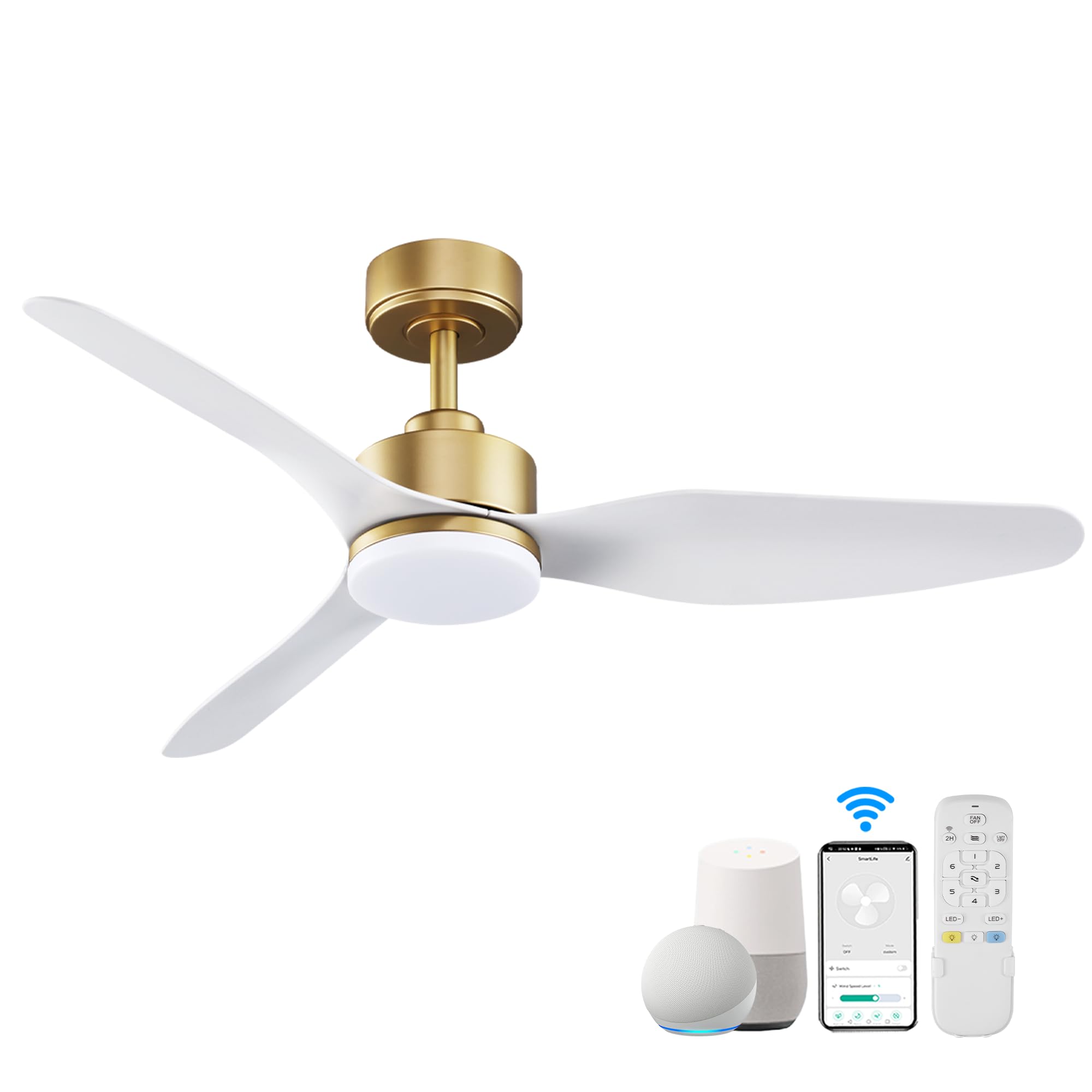 Hoenofly 48 Inch Smart Ceiling Fans with Lights and Remote Control,Dimmable LED Light,Outdoor Indoor Gold White Ceiling Fan,Quie