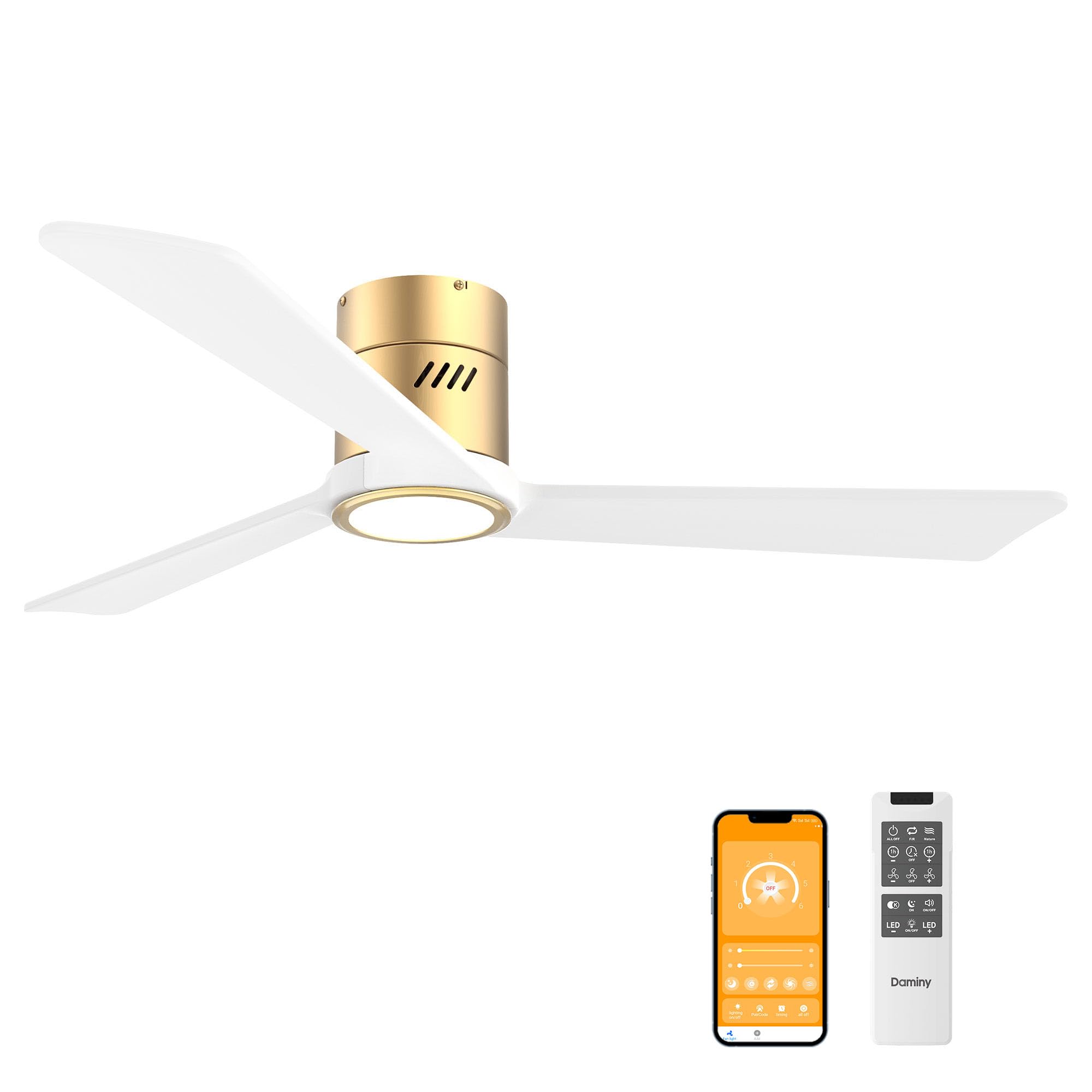 DAMINY Natural Solid Wood White and Gold 52 inch Ceiling Fan with Light,3 Blades,6CCT,Low Profile Ceiling Fan with Light and Rem