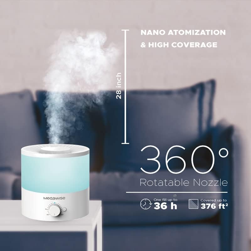 Megawise Cool Mist Humidifiers For Bedroom, Babyroom, Office And Plants, 0.5 Gal Essential Oil Diffuser With Adjustable Mist Out