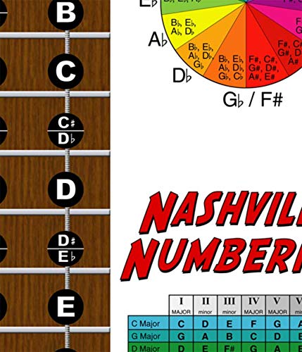 Laminated 4 String Bass Fretboard Notes Chart Nashville Number System & Circle Of 5Ths Easy Instructional Poster For Beginner Fo