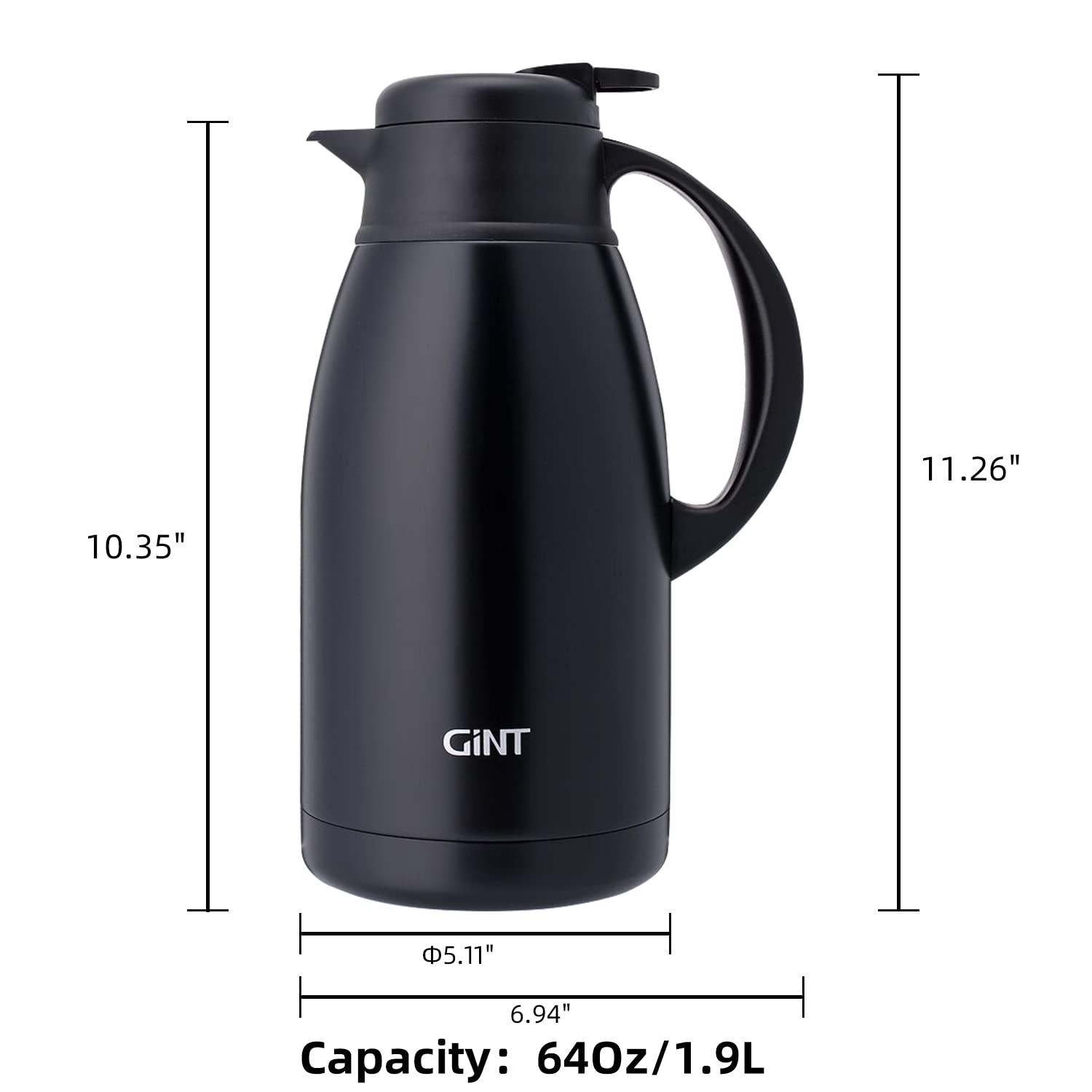 Gint Stainless Steel Thermal Coffee Carafe, Double Walled Vacuum Water And Beverage Dispenser, 12 Hour Heat Retention, 65 Oz /1.