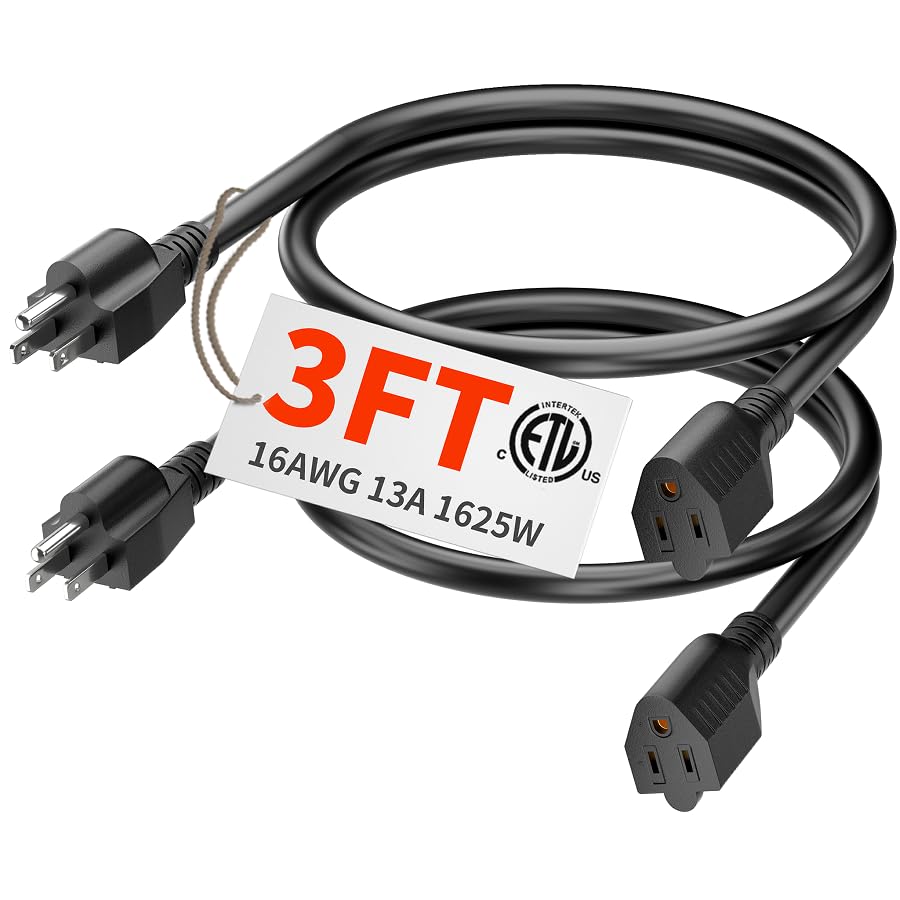 Plugsaf 2 Pack Of 3Ft Black Outdoor Extension Cord 16/3 Gauge Waterproof, Cold Weatherproof  58?F, Flame Retardant, Flexible 3 P