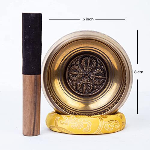 Large Tibetan Singing Bowl Set - Bronze Style - Easy To Play - 5 Sound Yoga Bowl Mantra Design Mindfulness Meditation Healing So