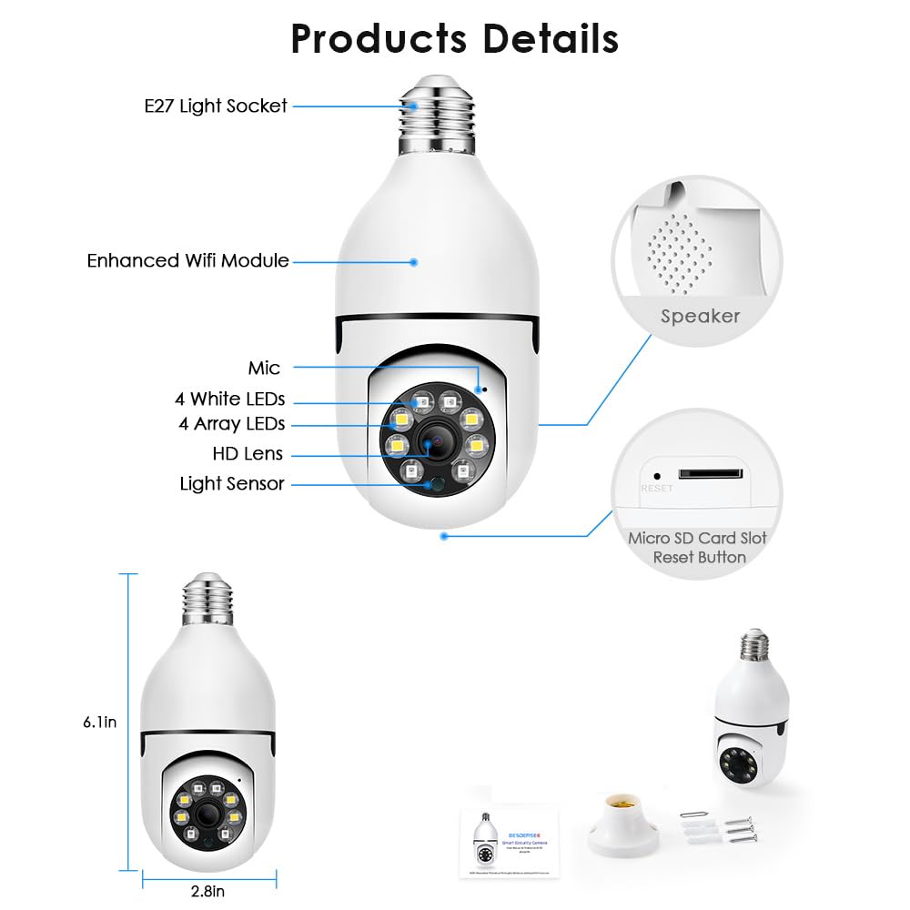 Eversecu 4Pack Hd 1080P Wireless Light Bulb Security Camera, Work With 2.4Ghz&5Ghz Wifi, Motion Auto Tracking, 2 Way Audio, Spot