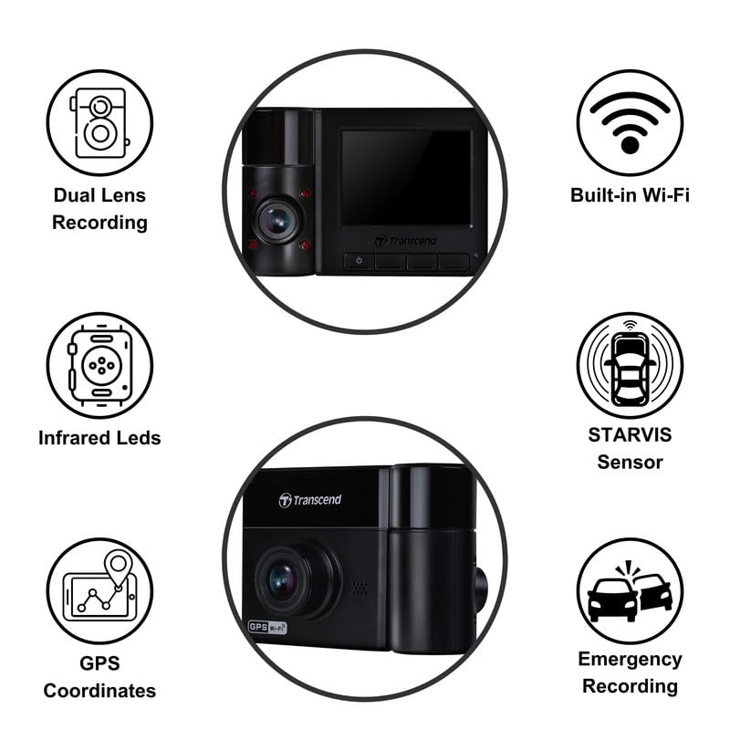 Transcend 64GB, Dual 2K+1080P Dash Cam Front and Rear Inside, 140 Wide Angle, 2.4 Display, Built in WiFi GPS,G Sensor, Night Vision, Loop Recording, Parking Mode, ADAS, for Cars Taxi   TS DP550B 64G