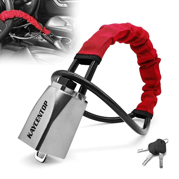KAYCENTOP Car Steering Wheel Lock, Seat Belt Lock, Car Locks Anti-Theft Device with Aluminum Alloy Lock Housing, Max 17 Inch Len