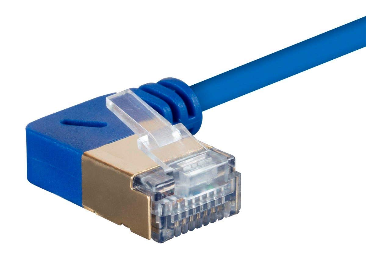 Monoprice Cat6A 2Ft Blue 90 Degree Patch Cable Double Shielded (S/Ftp) 36Awg 10G Cm Pure Bare Copper Snagless Rj45 Slimrun Serie