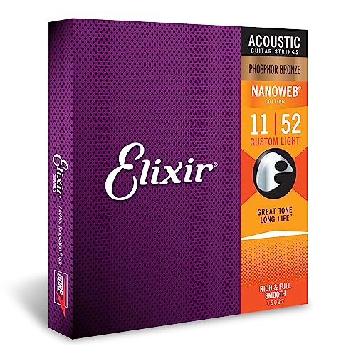 Elixir Strings   Acoustic Phosphor Bronze With Nanoweb Coating   Elixir Acoustic Guitar Strings   Custom Light (011 052)
