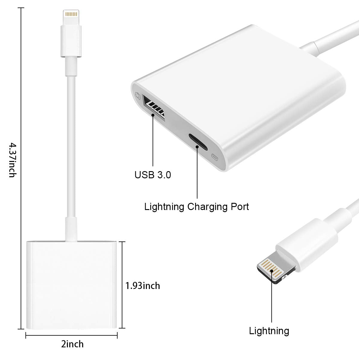 Lightning To Usb3 Camera Adapter With Charging Port, Lightning Female Usb Otg Cable Adapter For Select Iphone,Ipad Models Suppor