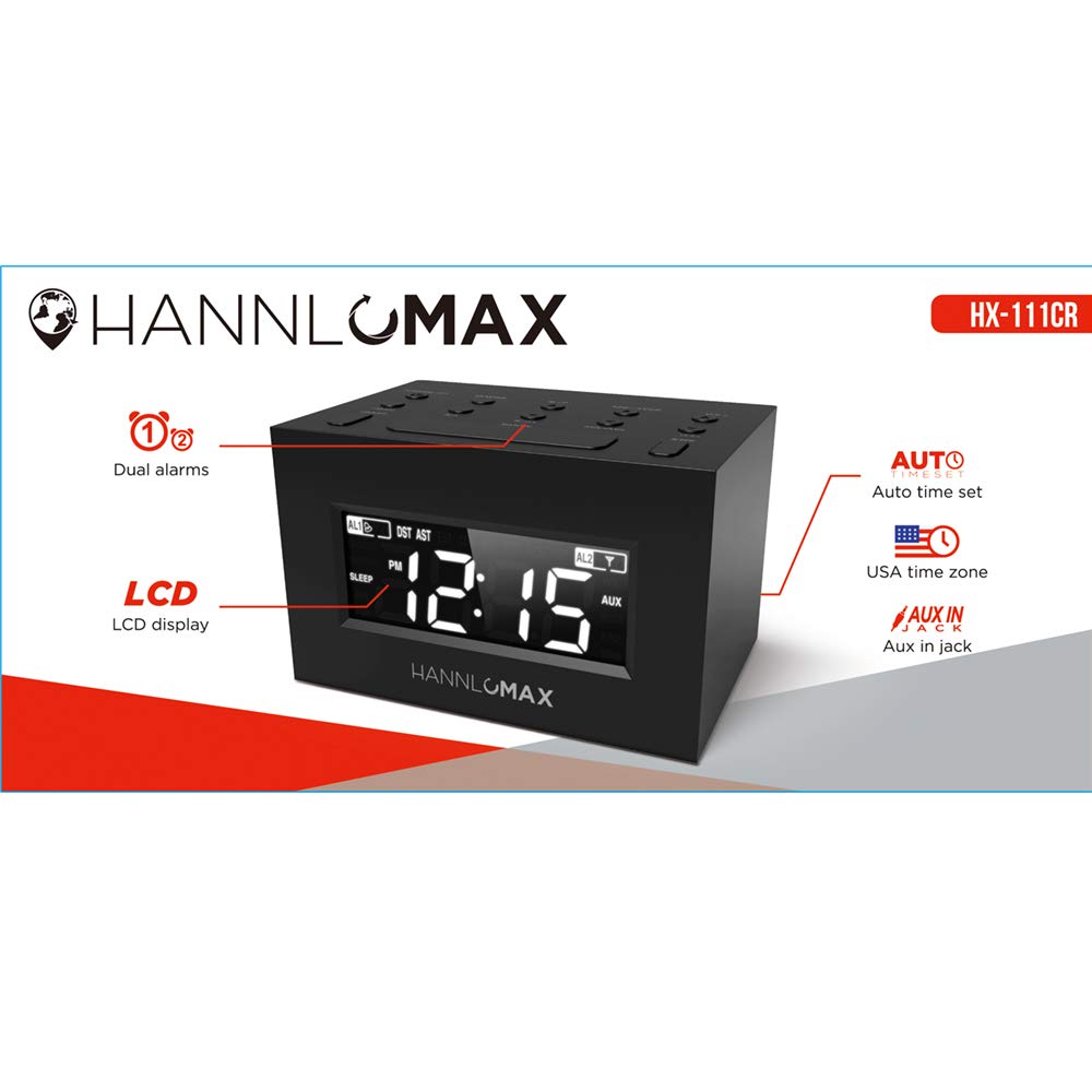 Hannlomax Hx 111Cr Alarm Clock Radio, Pll Am/Fm Radio, Dual Alarm, White Led Display, Auto Dst, Aux In Jack. (Black)