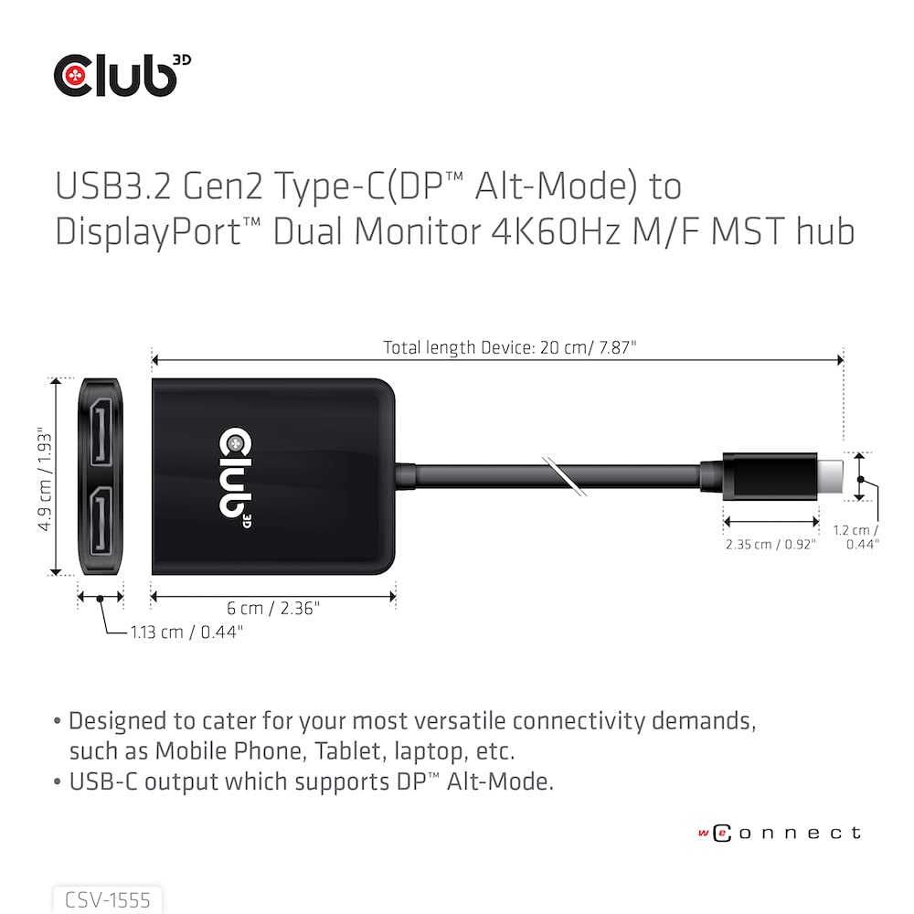Club 3D 2 Port Multi Monitor Adapter Usb Type C To Dual Displayport 4K 60Hz Splitter  Usb Type C To Displayport Mst Hub Dual 4K