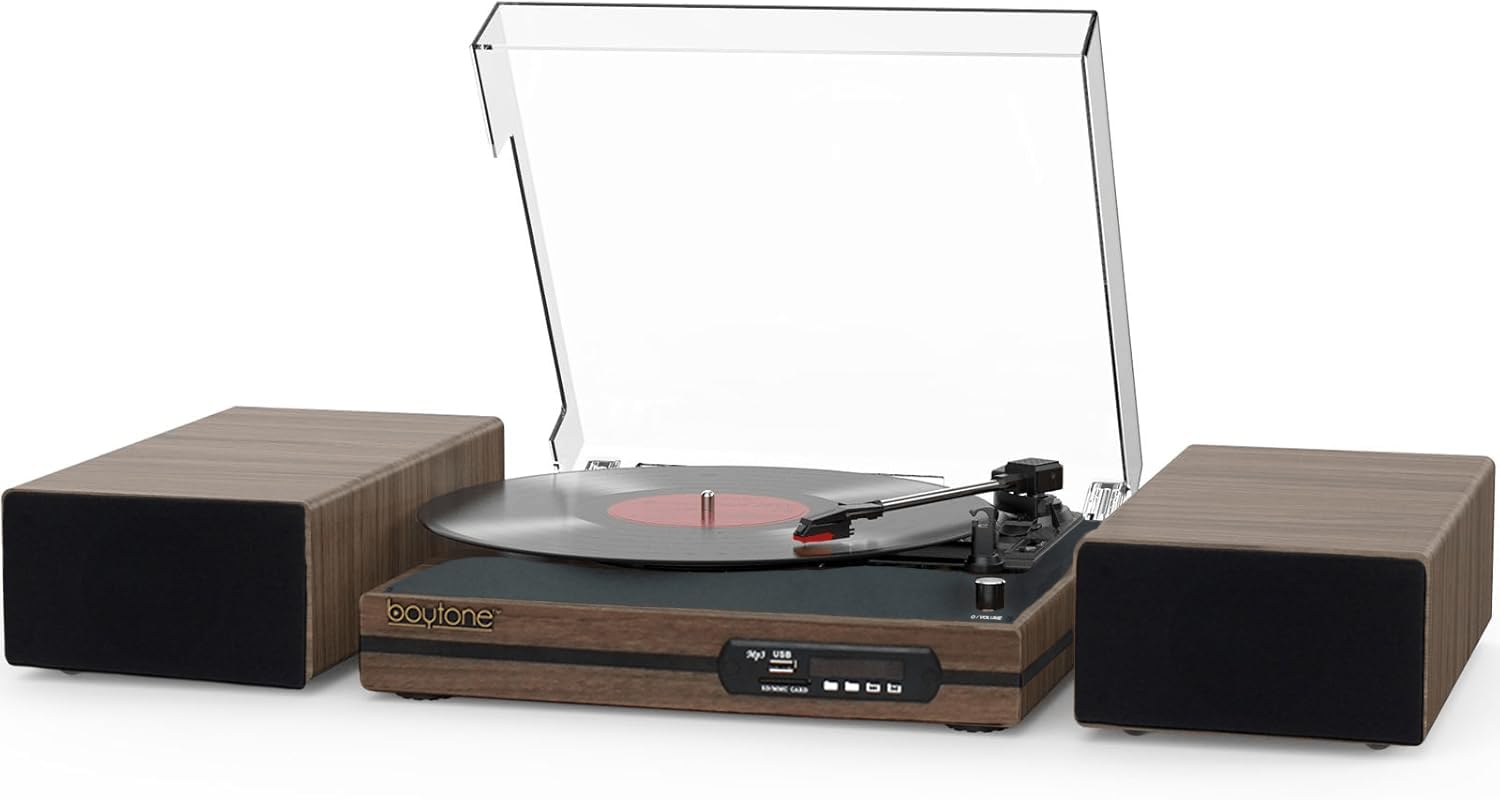 Boytone BT-112W Bluetooth Vintage Style Vinyl Record Player Turntable with 2 Stereo Bookshelf Speakers with Wireless Playback, F