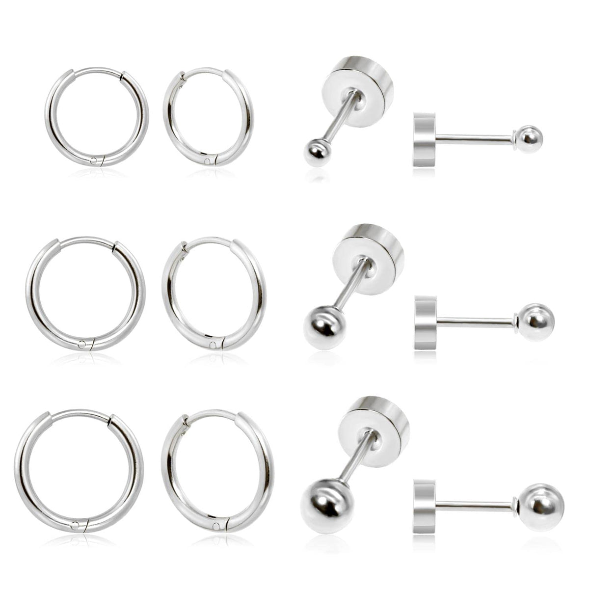 Dainty 6 Pairs Earrings Sets For Multiple Piercing, Lightweight Silver Small Huggiehoop Earrings, Flat Back Tiny Ball Stud Earri