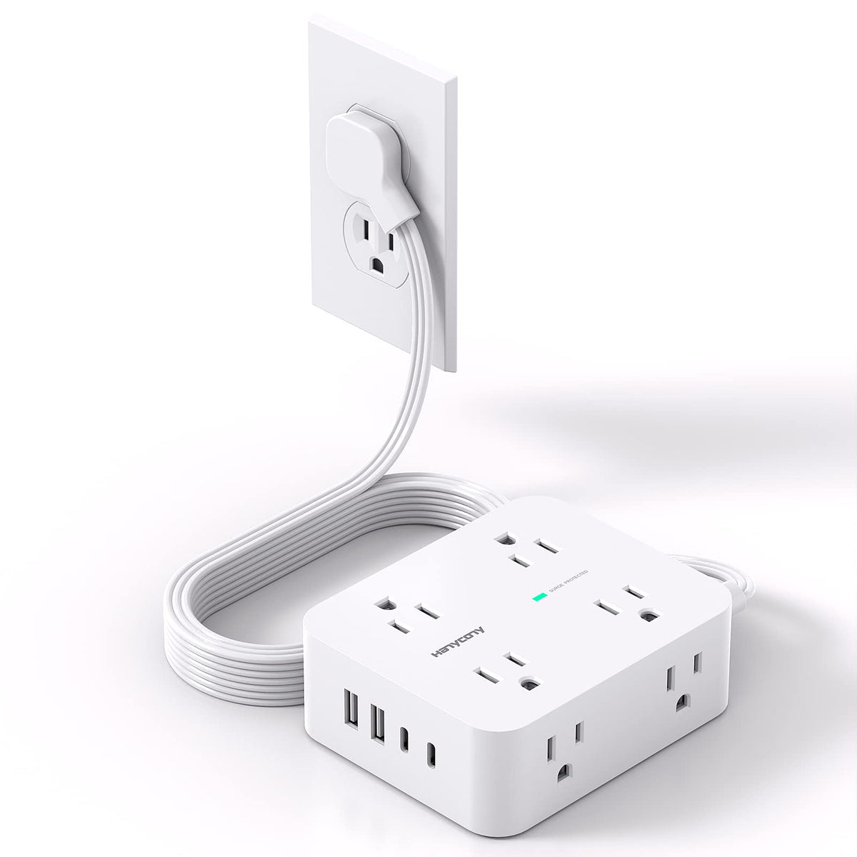 Surge Protector Power Strip, Extension Cord With Multiple Outlets, 5 Ft Ultra Thin Flat Plug 8 Outlets 4 Usb Ports(2Usb C),1080J