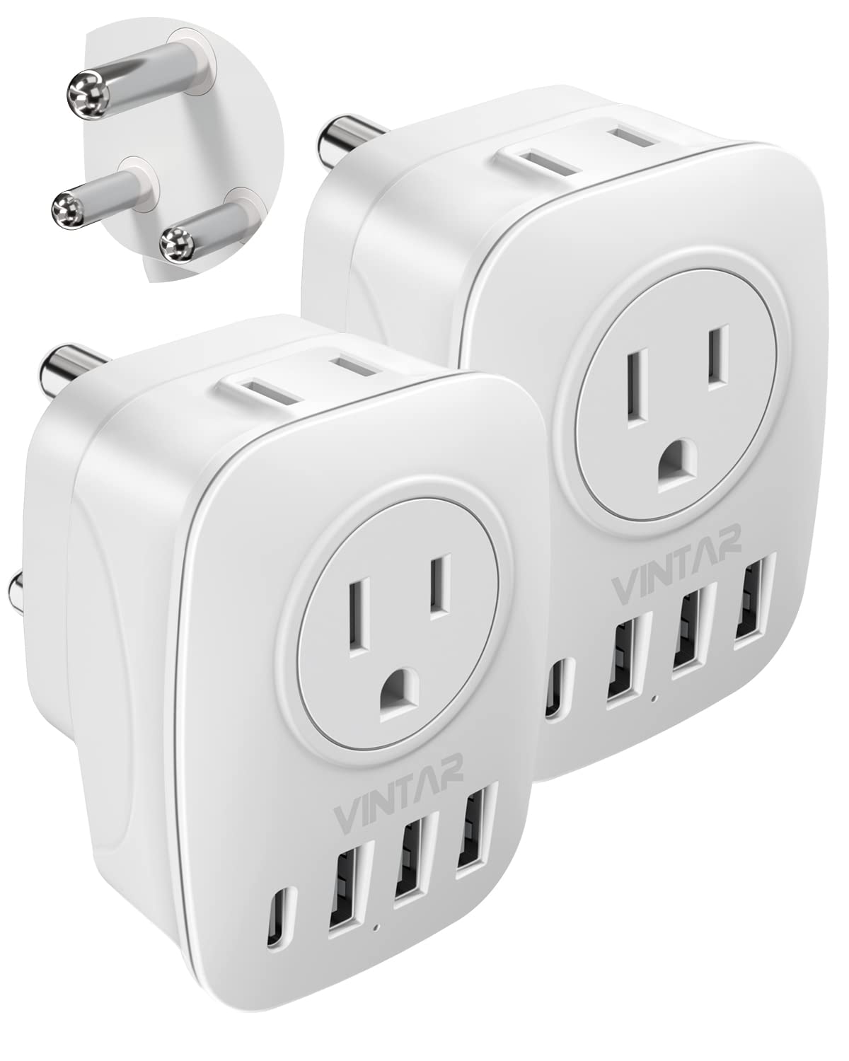 2 Pack South Africa Plug Adapter, Vintar Type M Plug Adapter With 1 Usb C, 3 Usb Ports And 2 American Outlets, 6 In 1 Travel Ada