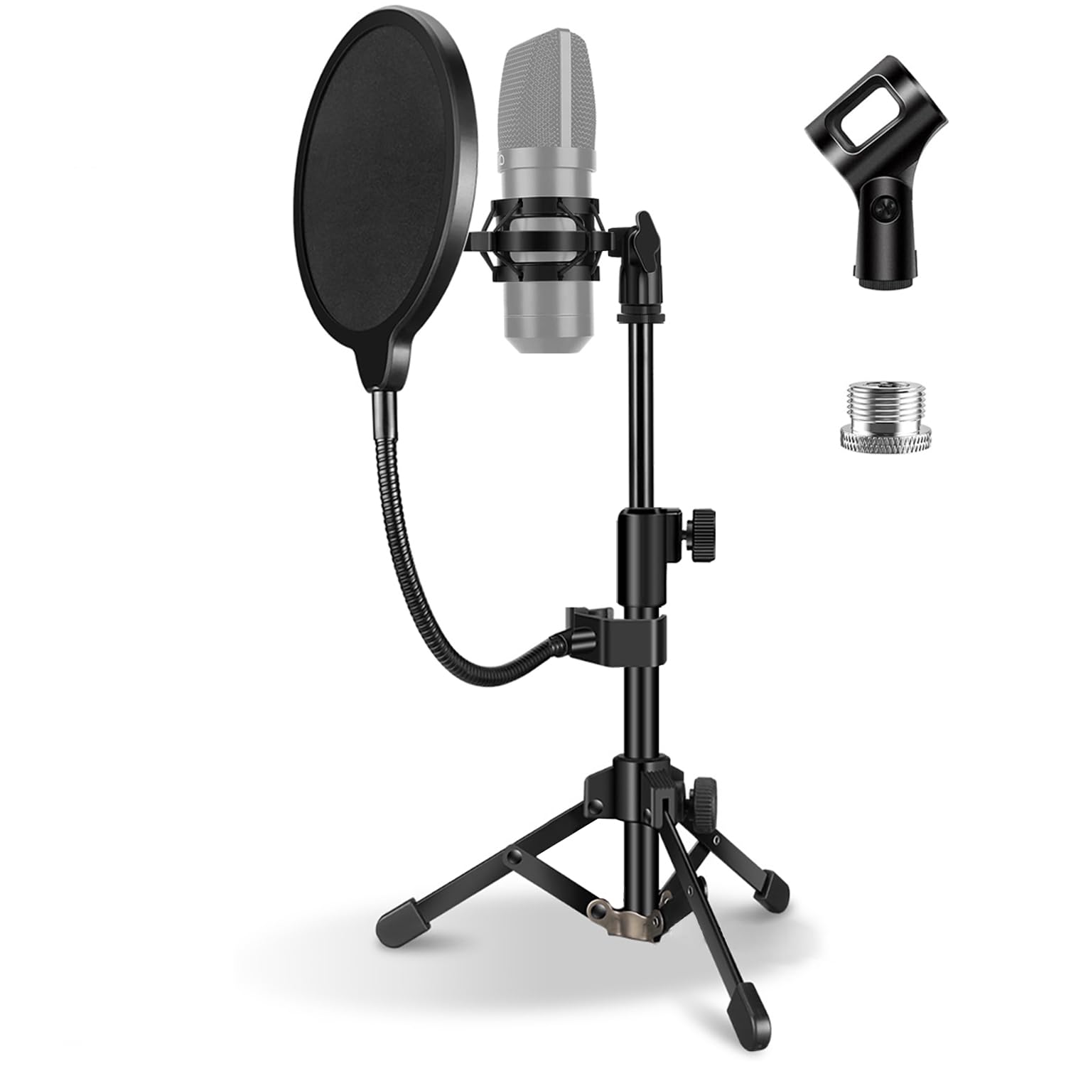Mic Stand Desk, Table Mic Tripod Desktop Mic Stand Height Adjustable Small Microphone Stand for Desk with Pop Filter Shock Mount