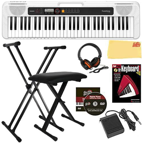 Casio Casiotone Ct S200 61 Key Portable Keyboard   White Bundle With Adjustable Stand, Bench, Headphones, Sustain Pedal, Piano B