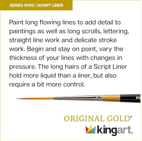 Kingart Premium Original Gold 9050 2 Script Liner Series Artist Brush, Golden Taklon Synthetic Hair, Short Handle, For Acrylic,