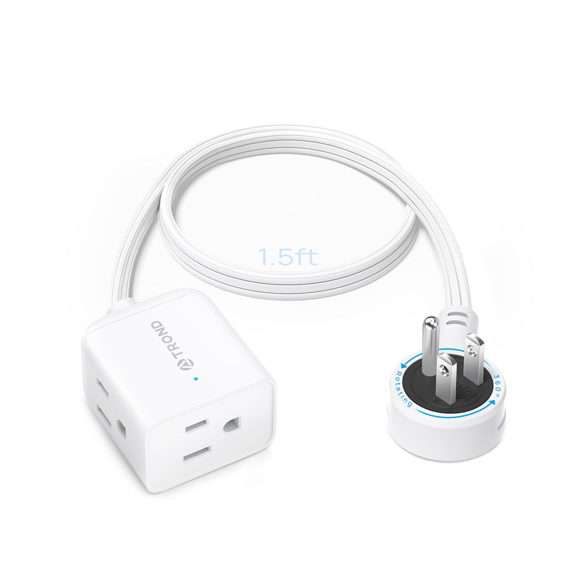 Trond Short Extension Cord 1.5Ft With 360 Rotating Flat Plug, Low Profile Small Power Strip, Three Prong 3 Way Grounded Outlets,