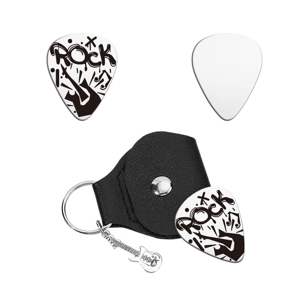 Unicraftale 1Pc Guitar Picks Gifts Stainless Steel Guitar Picks Rock Plectrum Guitars Set With Black Pu Leather Case Graffiti Pl