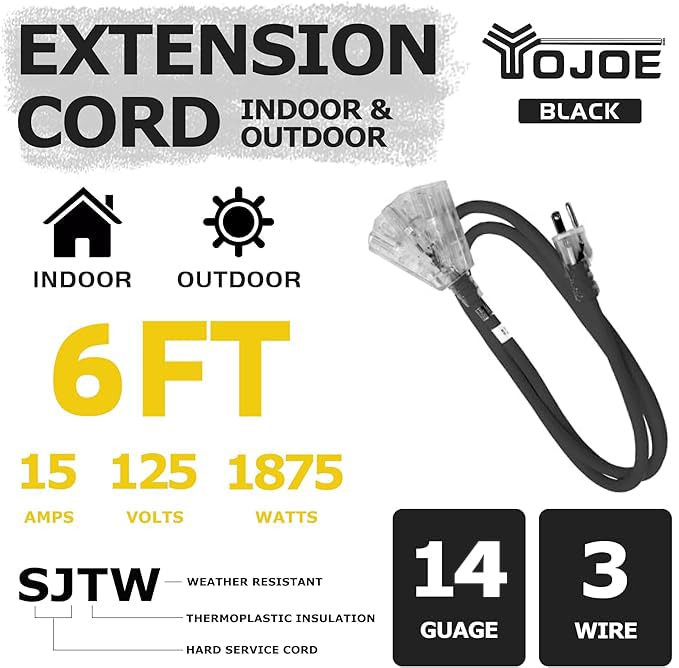 Yojoe 3 Outlets Indoor Outdoor Extension Cord With Lighted End, 3 Prong 15A Weatherproof Power Cord, 14 Gauge Heavy Duty 6 Ft Bl