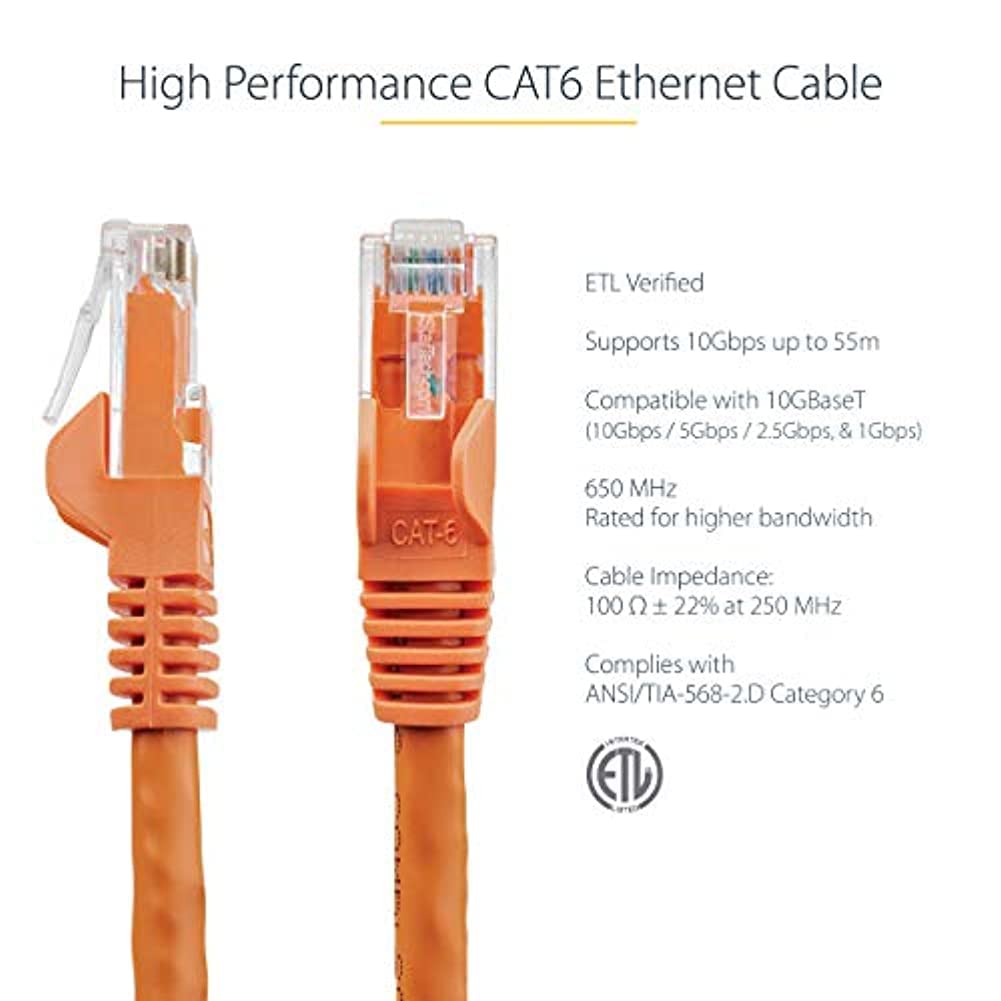 StarTech.com 1ft CAT6 Ethernet Cable   Orange CAT 6 Gigabit Ethernet Wire   650MHz 100W PoE RJ45 UTP Network/Patch Cord Snagless w/Strain Relief Fluke Tested/Wiring is UL Certified/TIA (N6PATCH1OR)