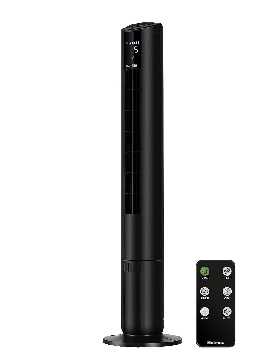 Holmes 42' Digital Tower Fan, Clearread Display, 90� Oscillation, 5 Speeds, 4 Modes, 8 Hour Timer, Home, Bedroom Or Office, Remote Control, Matte Black