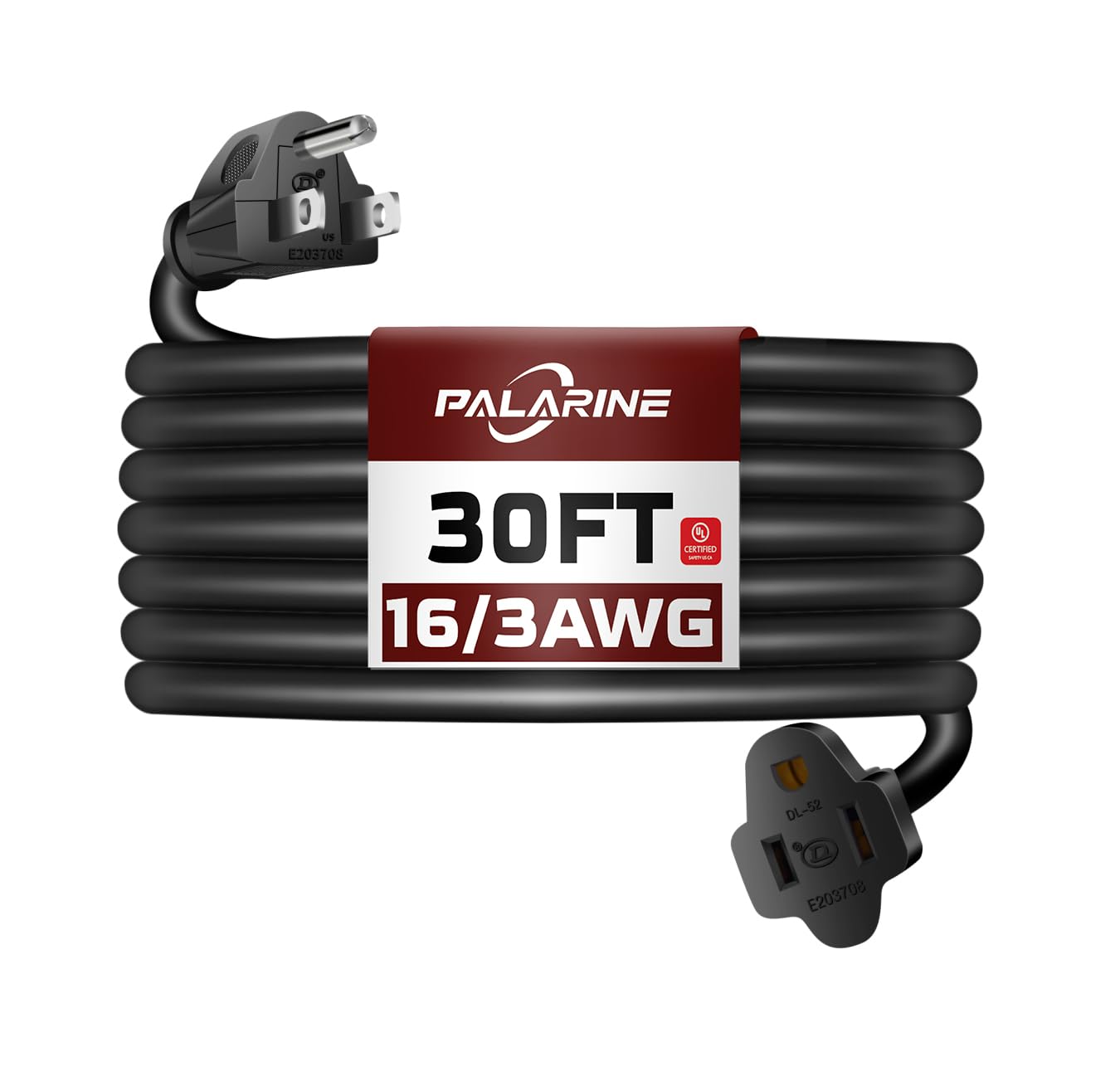Palarine 30Ft Black Outdoor Extension Cord Waterproof, Ul Listed, 16/3 Sjtw Heavy Duty 3 Prong, 16 Gauge 13A Power Cord Ideal Fo
