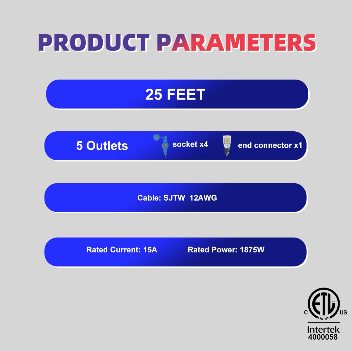 25 Feet Multi Outlet Extension Cord 12 Gauge,5 Nema 5 15R Evenly Spaced Outlets With Blue Indicators,Male Plug To Female Connect