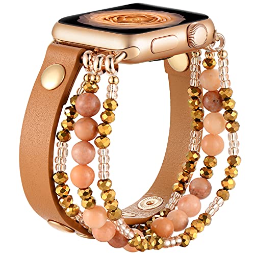 Fastgo Bracelet Band Compatible With Apple Watch 40Mm 38Mm 41Mm Women, Elastic Beaded Leather Strap For Iwatch Se& Series 9 Ultr