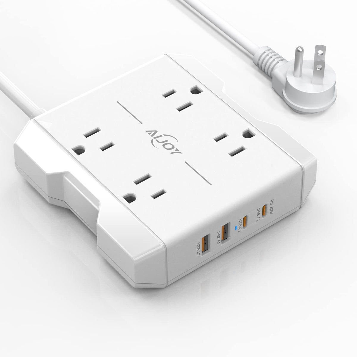 Power Strip With Usb Ports, Aijoy 5 Ft Ultra Extension Cord With 4 Outlets(2.2 In) And 4 Usb Ports(2 Usb-C) 20W Desk Power Strip