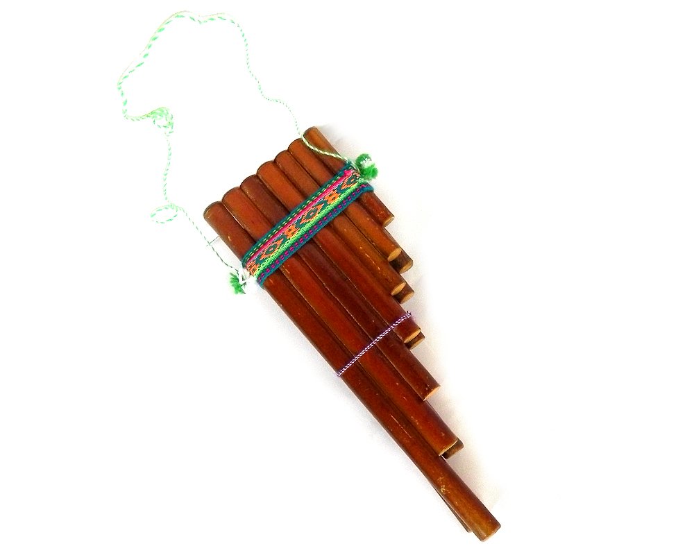 Natural Bamboo Wooden Pan Flute Pipe With Multicolored Tribal Print Woven Cotton Strap   Handmade Woodwind Gifts Peruvian Musica