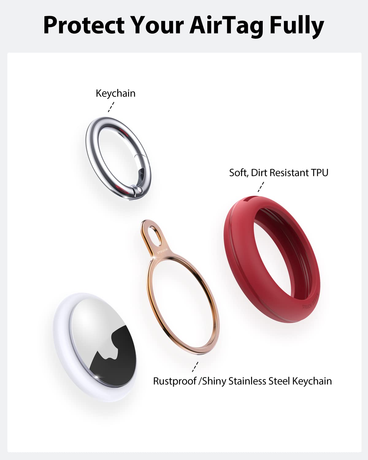 Stouchi 4 Packs Airtag Holder Key Ring With Soft Tpu Case, Stainless Steel Invisible Slim Keychain Compatible With Airtag 2021 F