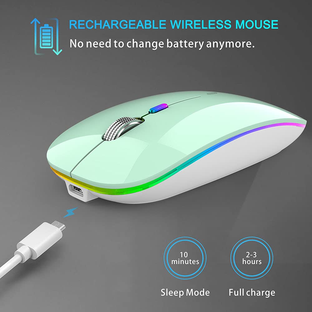 Tenmos Wireless Bluetooth Mouse, Led Slim Dual Mode (Bluetooth 5.1 + Usb) 2.4Ghz Rechargeable Silent Bluetooth Wireless Mouse For Laptop/Macbook/Ipad Os 13 And Above (Mint Green)