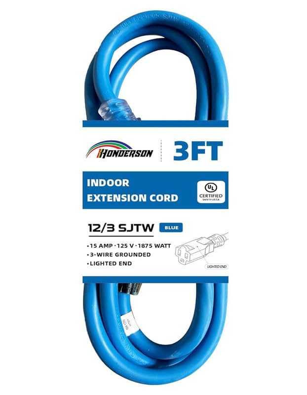 Honderson Indoor Outdoor Extension Cord Weatherproof With Lighted End, Ul Listed, 12 Gauge 3Ft Blue 3 Prong Heavy Duty Extension