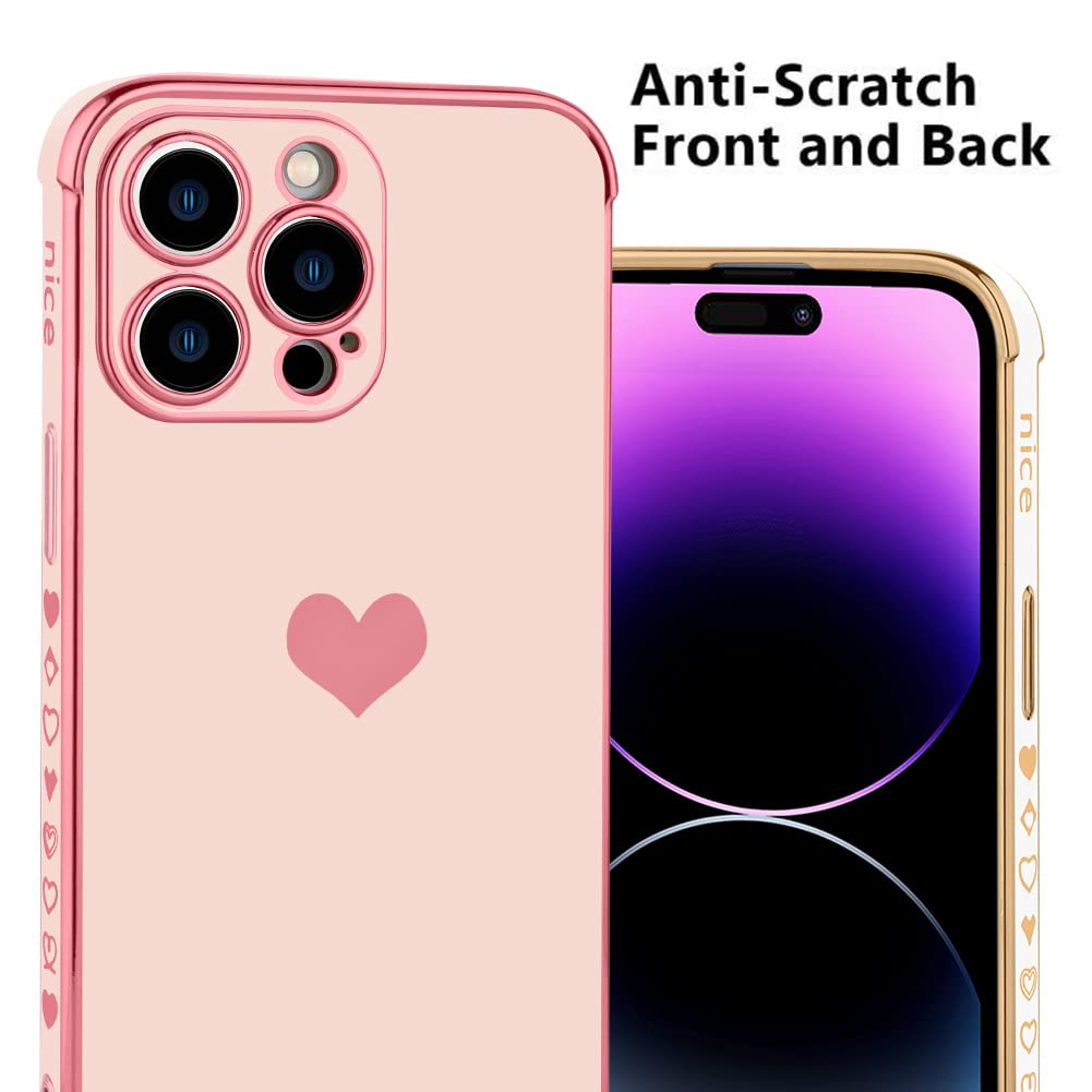 Kanghar Compatible With Iphone 14 Pro Max Case For Women Girl, Love Heart Luxury Electroplated Plating Edge With Wrist Strap Sof