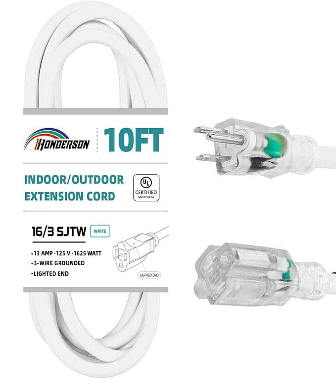 Honderson Indoor Outdoor Extension Cord Weatherproof With Lighted End, Ul Listed, 16 Gauge 10Ft White 3 Prong Heavy Duty Extensi
