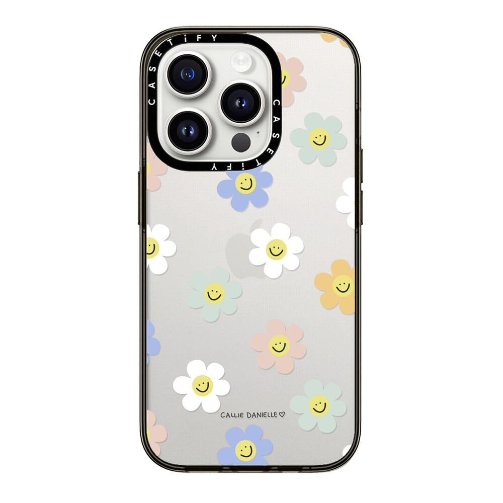Casetify Compact Case For Iphone 15 Pro [2X Military Grade Drop Tested / 4Ft Drop Protection]   Happy Daisies   Clear Black