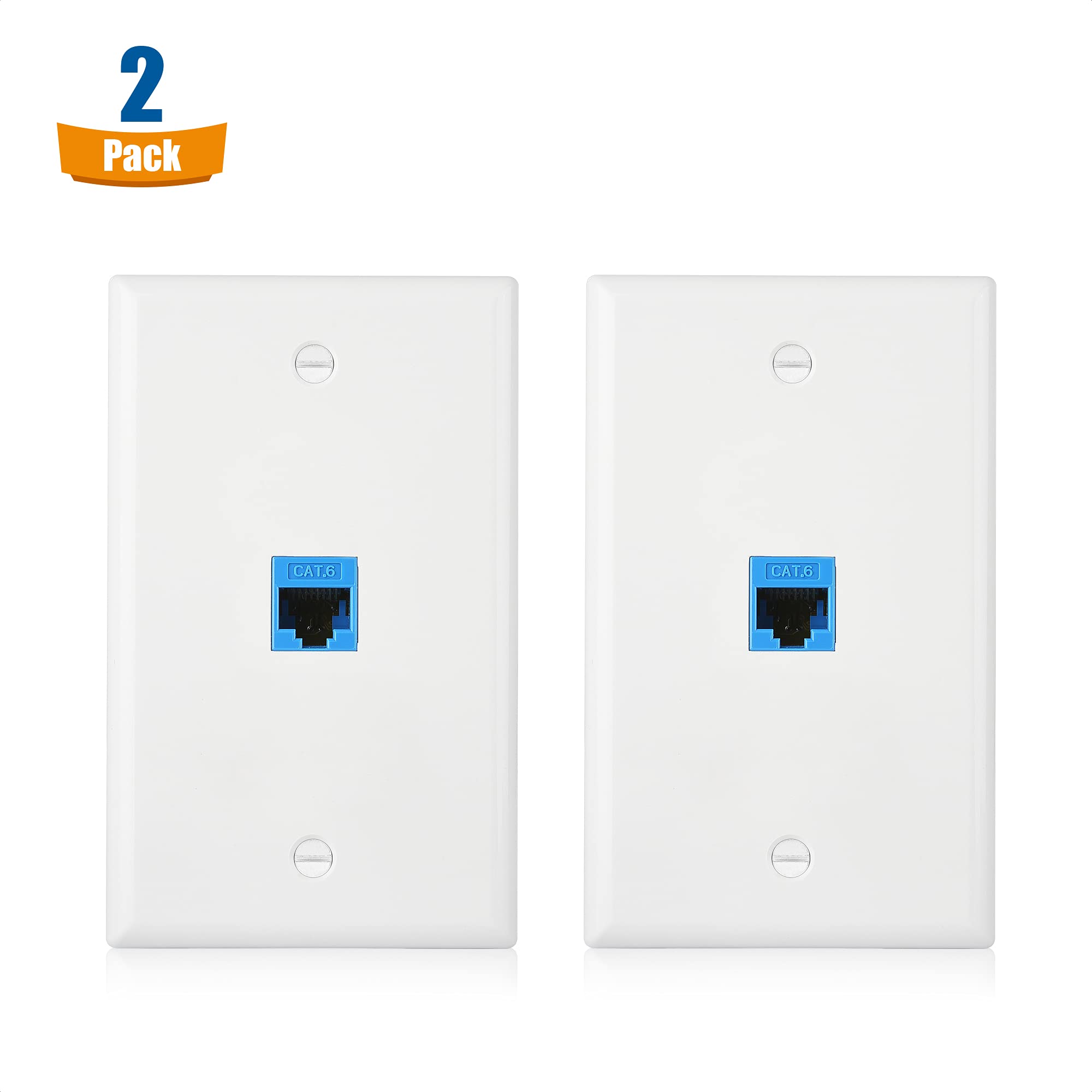 Cable Matters 2 Pack 1 Port Ethernet Wall Plate, Cat6 Wall Plate / Cat5 Ethernet Wall Outlet In White With Blue Ethernet Keyston