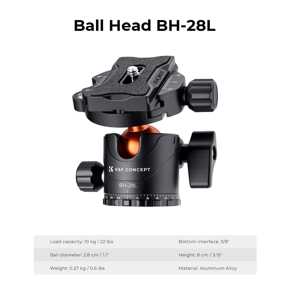 K&F Concept 73 Inch /186Cm Camera Tripod,Transverse Center Column Aluminium Dslr Tripod With 360 Degree Ball Head 10Kg Load Capacity,Quick Release Plate,Detachable Monopod T255A3+Bh 28L