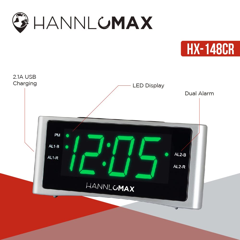 Hannlomax Hx 148Cr Alarm Clock Radio, Pll Fm Radio, Dual Alarm, 1.4'' Green Led Display, Usb Port For 2.1A Charging, Ac Power On