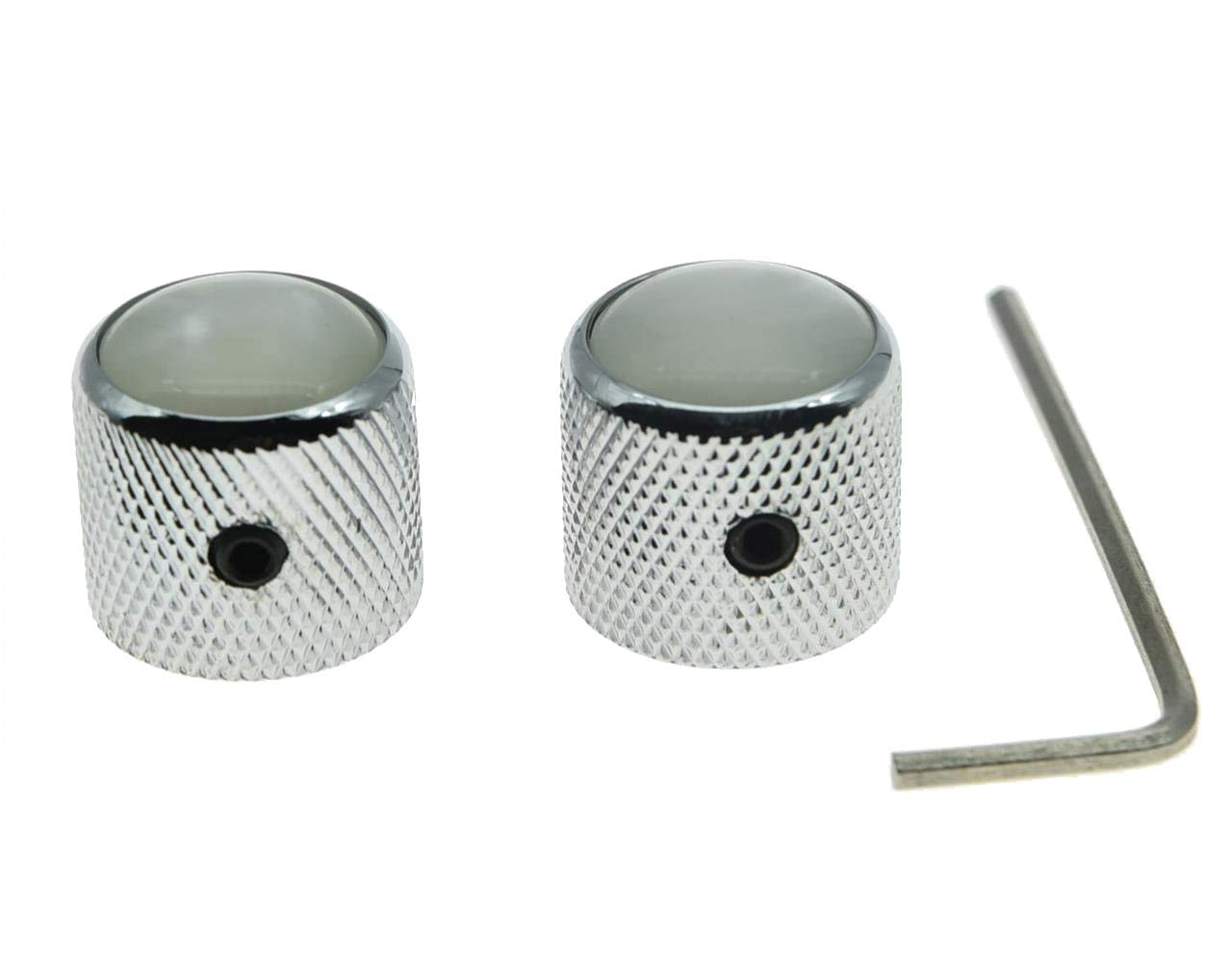Kaish Set Of 2 Chrome With White Pearl Cap Guitar Knobs Pearl Top Dome Knobs Bass Knob With Set Screw For Tele/Telecaster