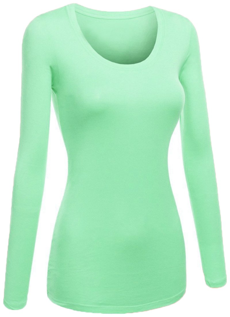 Emmalise Womens Junior And Plus Size Basic Scoop Neck Tshirt Long Sleeve Tee, 1Xl, Mint